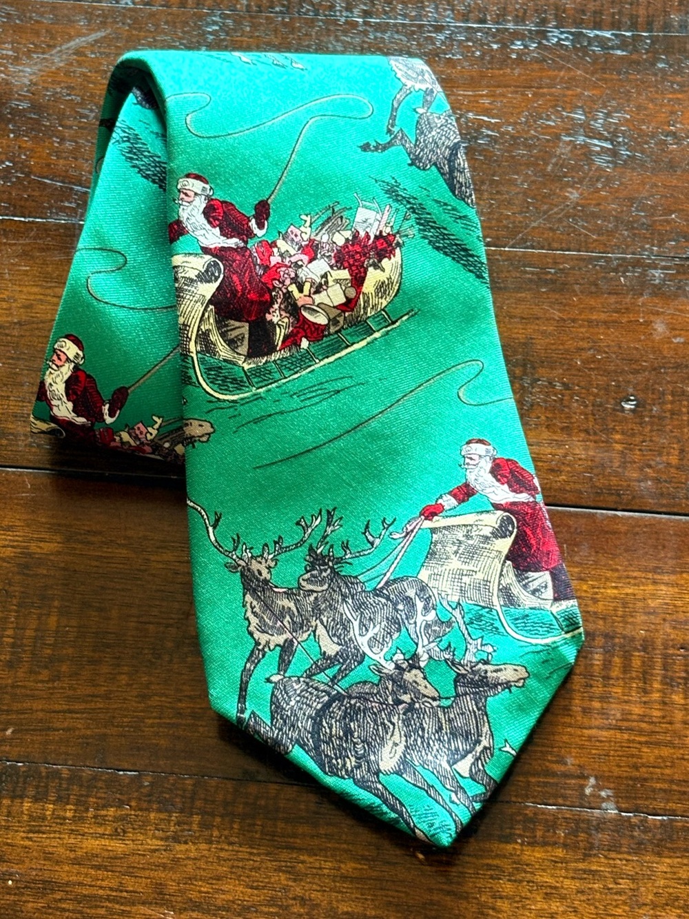 Festive/Holiday Green 100% Silk Tie with Santa & Reindeer Drawings/Details